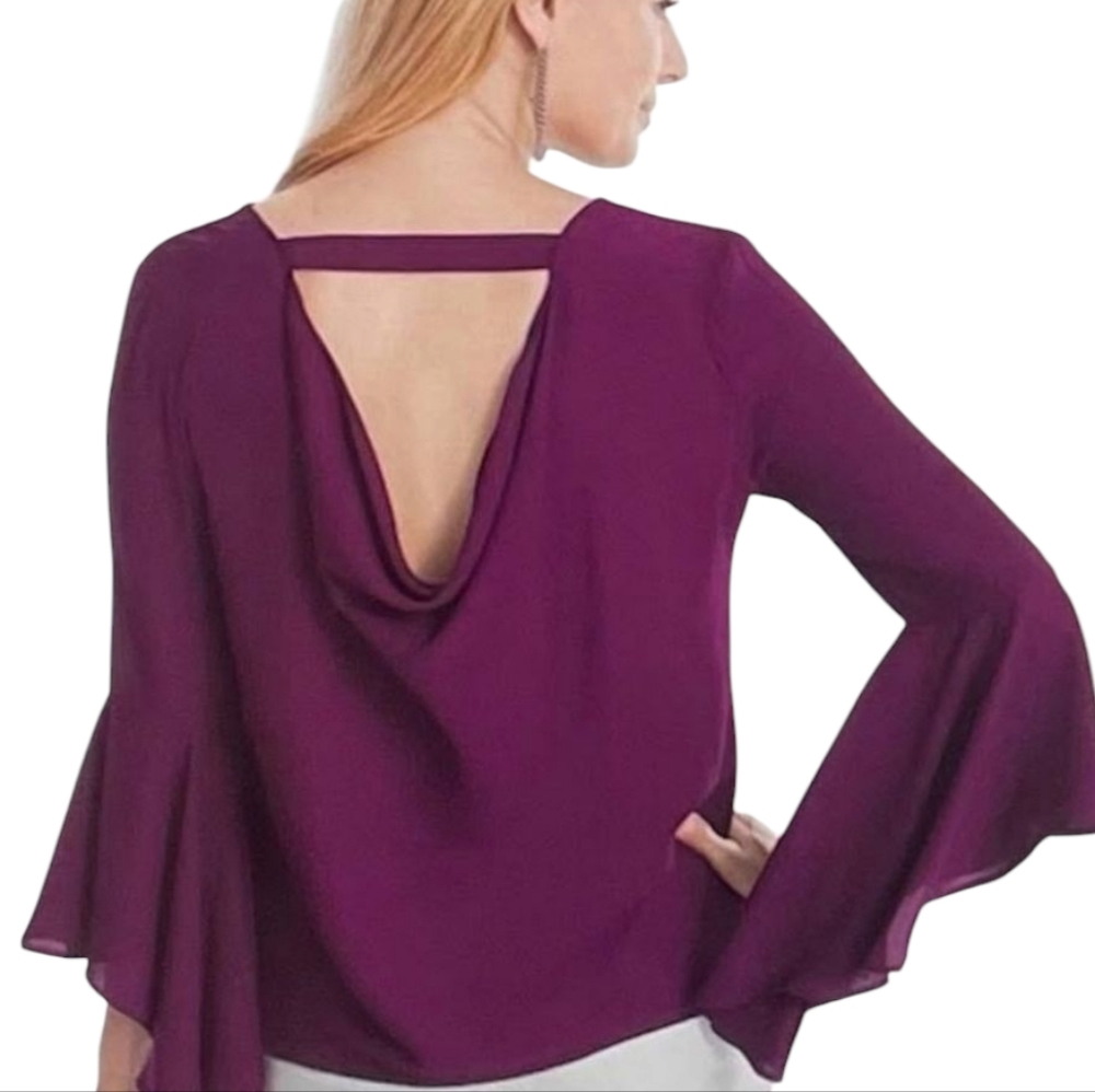 White House Black Market Dramatic Purple Bell Sleeve‎ Drape Back Blouse Top 6 M - Picture 15 of 15